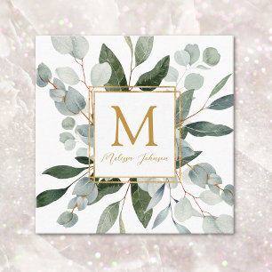 Carte De Visite Carré Monogramme Aquarelle Feuilles Vertes Tropicales Bl