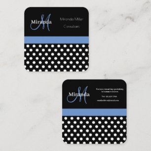 Carte De Visite Carré Monogramme bleu noir blanc Polka point