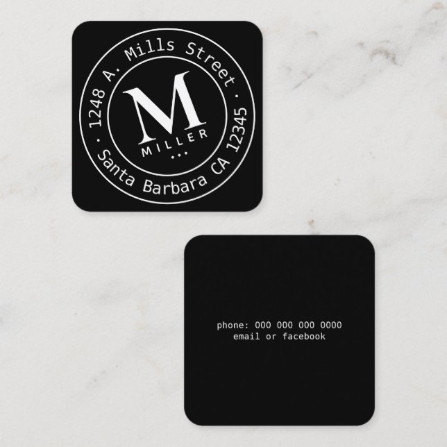 Carte De Visite Carré Monogramme Cercle Blanc Noir (Devant / Derrière)