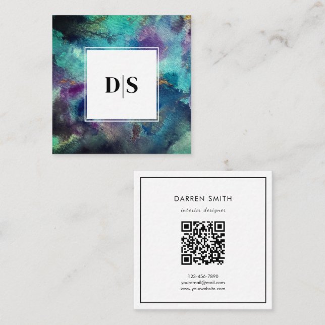 Carte De Visite Carré Monogramme de code QR abstrait aquarelle bleue mod (Devant / Derrière)