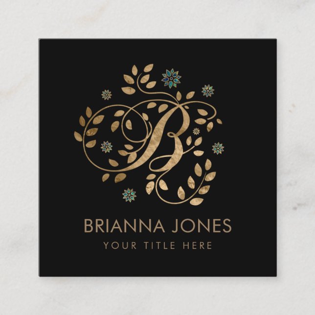 Carte De Visite Carré Monogramme de luxe Golden Calligraphy avec lettre  (Devant)