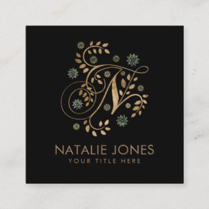 Carte De Visite Carré Monogramme de luxe Golden Calligraphy avec lettre