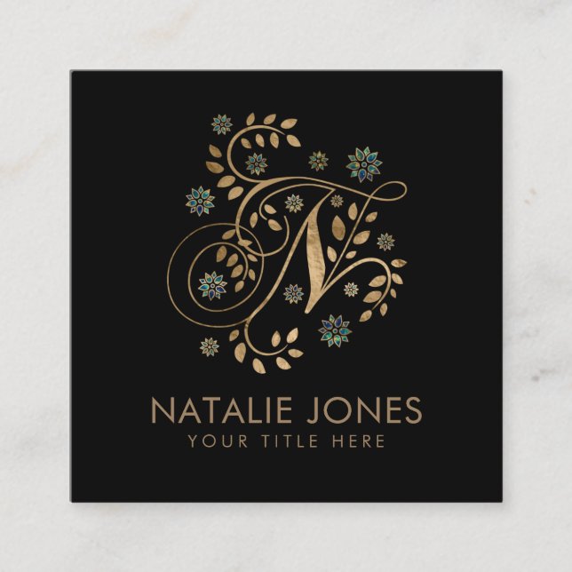 Carte De Visite Carré Monogramme de luxe Golden Calligraphy avec lettre  (Devant)