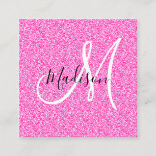 Carte De Visite Carré Monogramme de Parties scintillant rose-chaud Girly