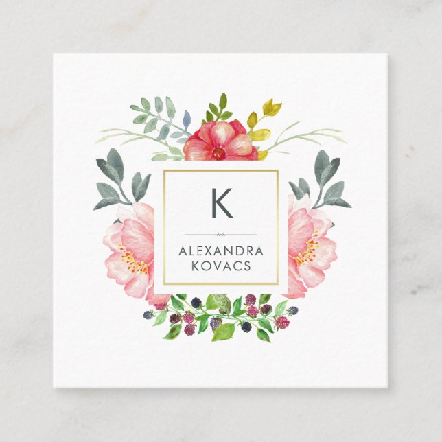 Carte De Visite Carré Monogramme de pivoine aquarelle tendance (Devant)