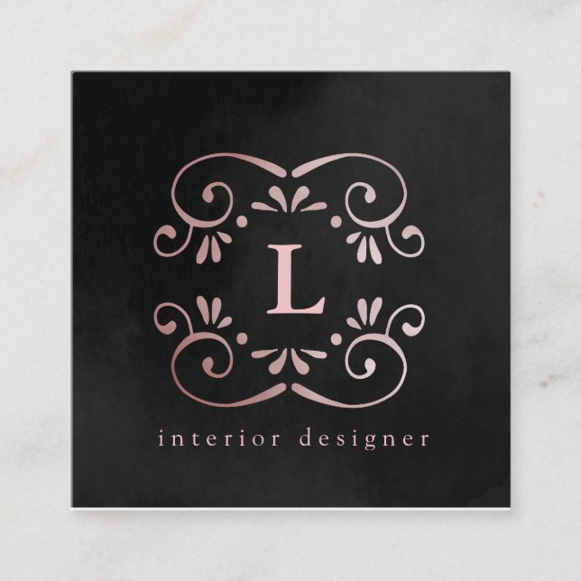 Carte De Visite Carré Monogramme de soie noir rose or faux feuille fleur (Devant)