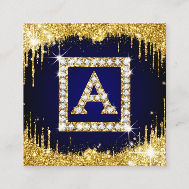 Carte De Visite Carré Monogramme doré initial A avec paillettes bleues (Devant)
