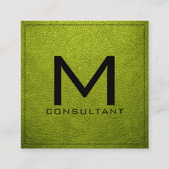 Carte De Visite Carré Monogramme Élégant Acide Moderne Cuir Vert (Devant)