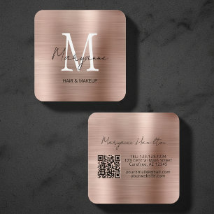 Carte De Visite Carré Monogramme Élégant QR Rose Pâle