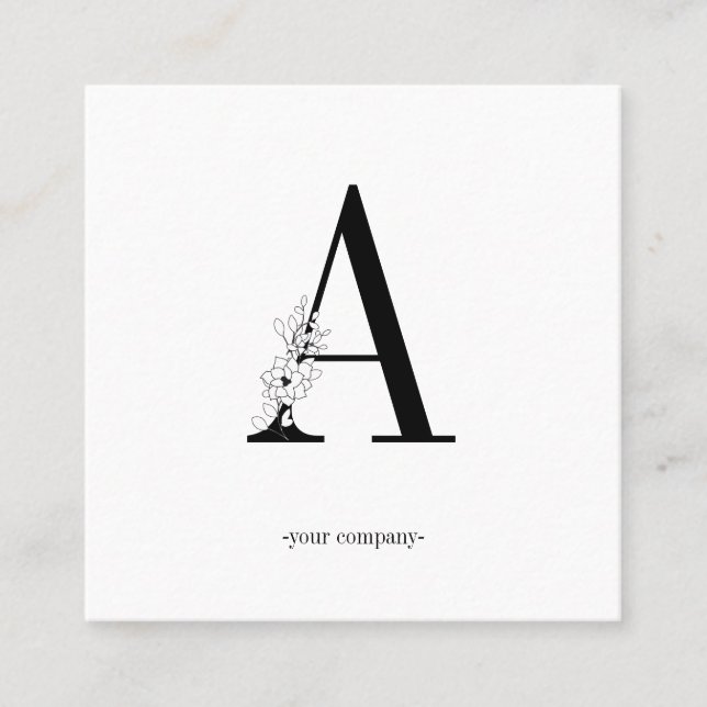 Carte De Visite Carré monogramme, fleurs minimales, noir et blanc (Devant)