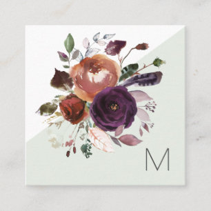 Carte De Visite Carré Monogramme Floral Bordeaux Or Violet Élégant