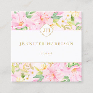 Carte De Visite Carré Monogramme floral coloré Aquarelle Botanique rose
