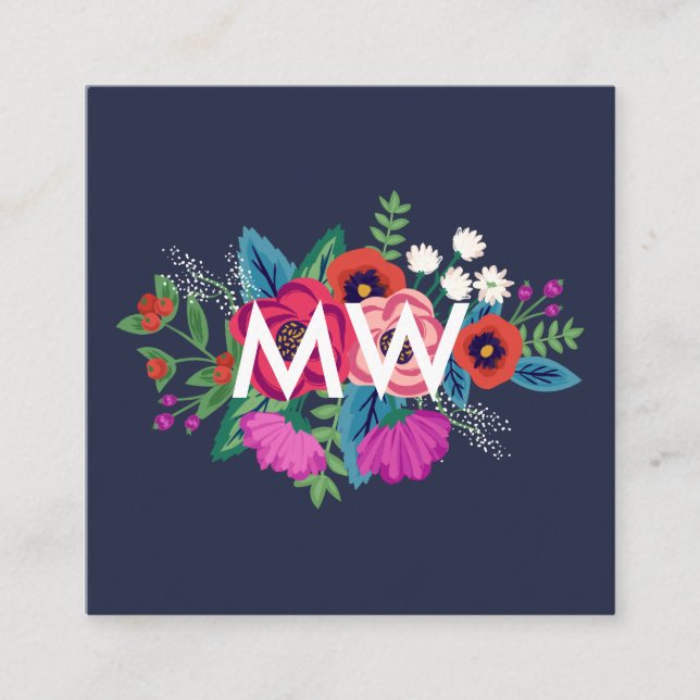 Carte De Visite Carré Monogramme floral de bouquet boho vibrant (Devant)