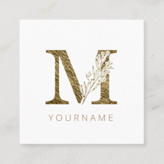 Carte De Visite Carré Monogramme floral M Élégant alliage d'or
