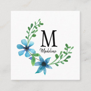 Carte De Visite Carré Monogramme floral personnalisable Joli Fleurs bleu