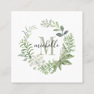 Carte De Visite Carré Monogramme floral personnalisé Feuilles forestier