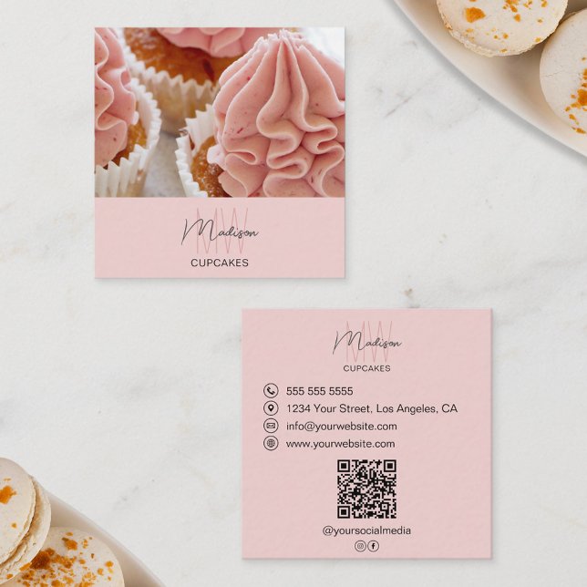 Carte De Visite Carré Monogramme Logo Boulangerie Photo QR Pink Business (Monogram Logo Bakery Photo QR Pink Busines Square Business Card)