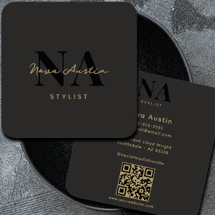Carte De Visite Carré Monogramme Luxe Tendance Esthétique QR Code Or Noi