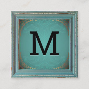 Carte De Visite Carré Monogramme   Mandala décoratif en or à cadre rusti