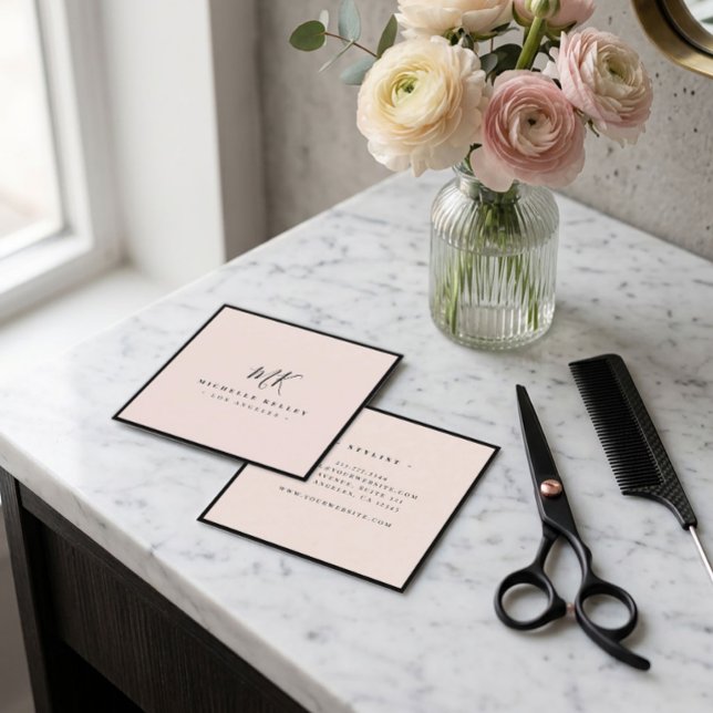 Carte De Visite Carré Monogramme Minimal Luxe Rose Pâle Chic Classique (Créateur téléchargé)