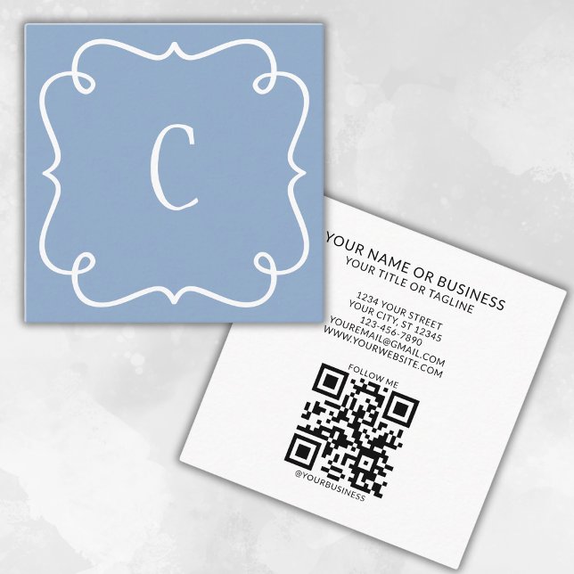 Carte De Visite Carré Monogramme minimal tendance unique bleu QR Code (Créateur téléchargé)