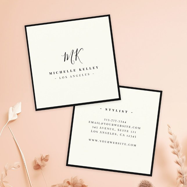 Carte De Visite Carré Monogramme minimaliste de luxe noir ivoire classiq (Créateur téléchargé)