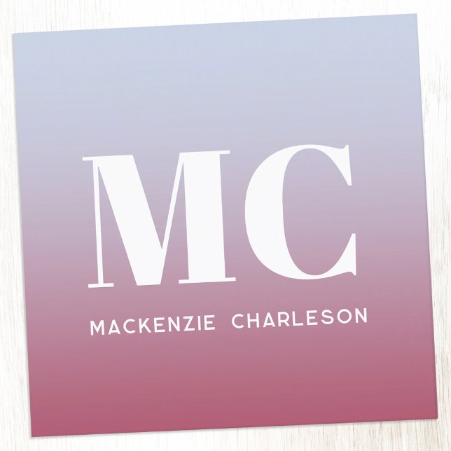 Carte De Visite Carré Monogramme moderne Initiales Nom Pink Blue Gradien (Minimalist monogram initials deep magenta pink to pale blue gradient professional business card)