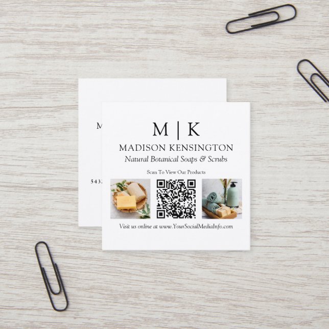 Carte De Visite Carré Monogramme ou ajouter un logo Business QR Code 2 P (Devant/Arrière en situation)