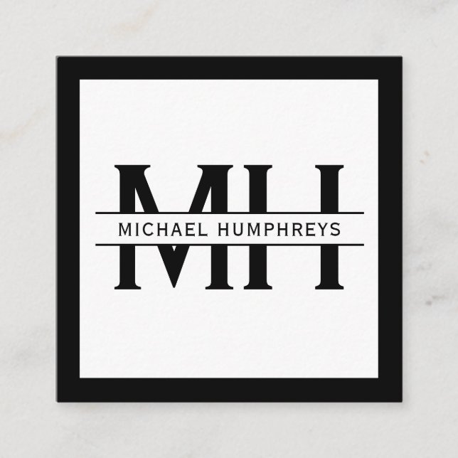 Carte De Visite Carré Monogramme personnalisé | Black (Devant)