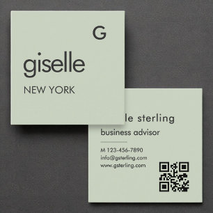 Carte De Visite Carré Monogramme vert Sage Code QR Minimaliste