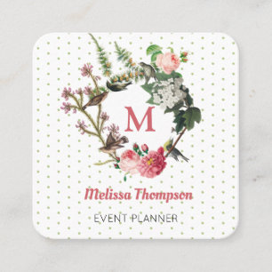 Carte De Visite Carré Monogramme Vintage Floral Bird Wreath Event Planne