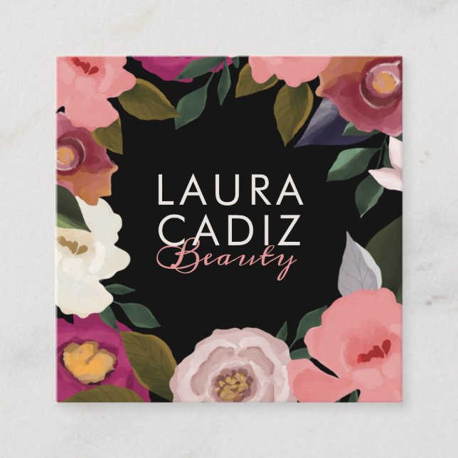 Carte De Visite Carré Moody & Elegant Aquarelle Floral Arrangement Noir (Devant)