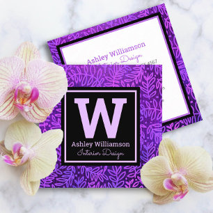 Carte De Visite Carré Motif botanique de feuille à monogramme violet mod