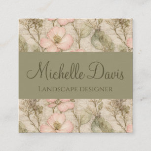 Carte De Visite Carré Motif Brodé Fleur de Jardin Délicate