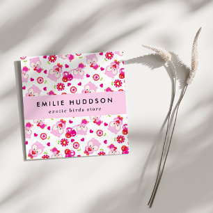 Carte De Visite Carré Motif De Chouettes, Chouettes Roses, Boutique Anim