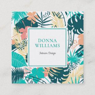 Carte De Visite Carré Motif de collage de feuilles et fleurs tropicales