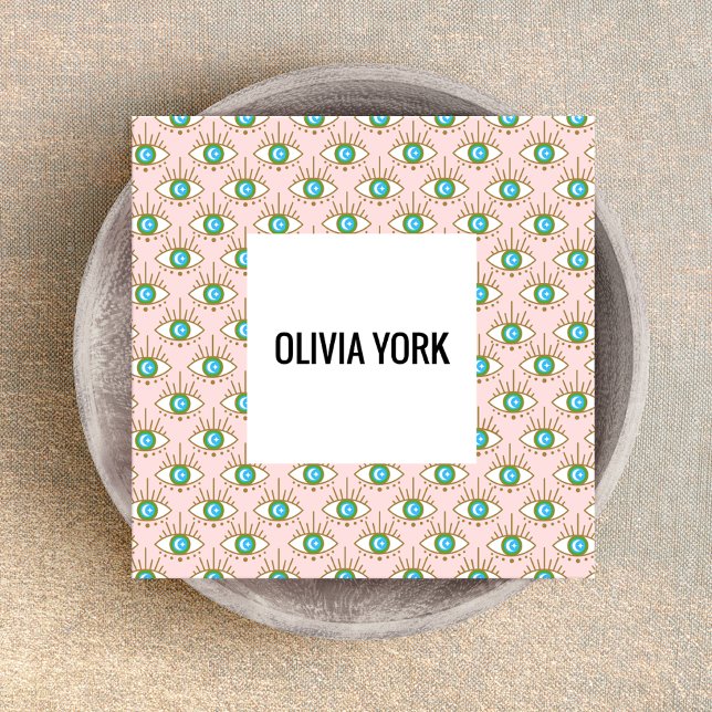 Carte De Visite Carré Motif de troisième oeil rose tendance (Square business card of third eye with moon and star  pattern - pink, green and blue colors)