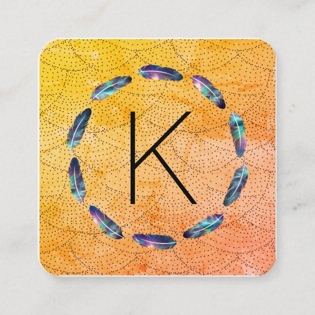 Carte De Visite Carré Motif en plume stellaire avec Monogramme (Devant)