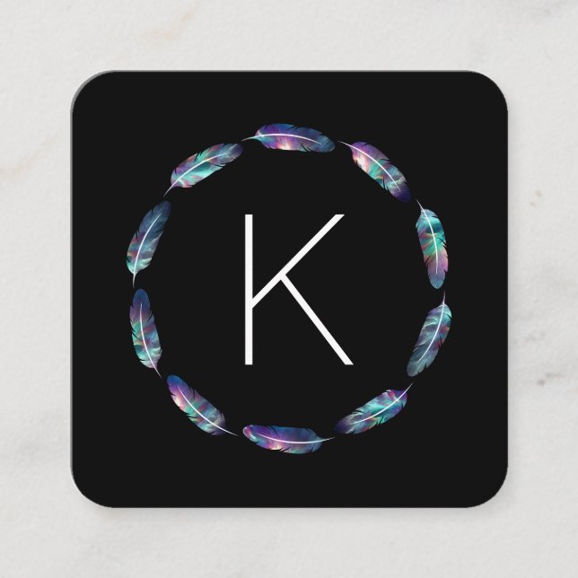 Carte De Visite Carré Motif en plume stellaire avec Monogramme (Devant)