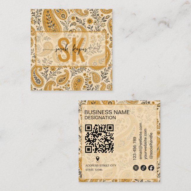 Carte De Visite Carré Motif paisley moderne monogramme Code Qr (Devant / Derrière)