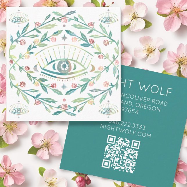 Carte De Visite Carré Mystical Eye Roses Vines Boho magique QR Code (Custom boho business cards with mystical eye and roses plus QR code)