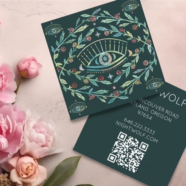 Carte De Visite Carré Mystical Eye Roses Vines Boho magique QR Code (Custom square business cards with boho pattern of roses and mystical eye. QR code )