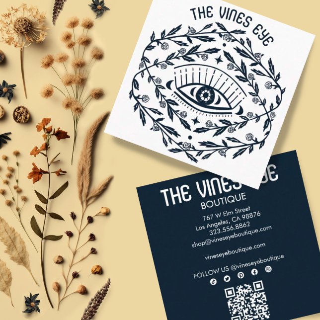 Carte De Visite Carré Mystical Eye Roses Vines Magique Boho QR Social (Unique boho design business cards with social media icons and QR code)