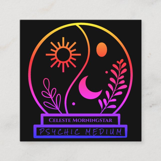 Carte De Visite Carré Neon Crystal Ball Psychic Moyen Noir Unique (Devant)