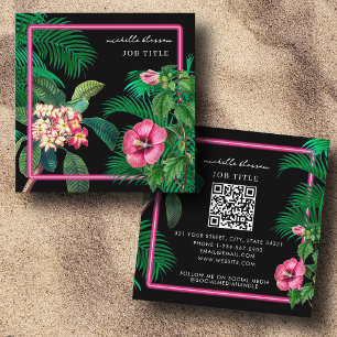 Carte De Visite Carré Neon Pink Tropical Botanics QR Code Social Media