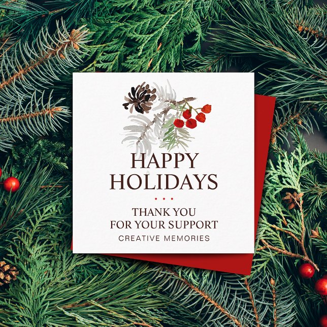 Carte De Visite Carré Noël Aquarelle Pine Cône Berries Merci (Christmas Watercolor Pine Cone Berries Thank You Square Business Card)