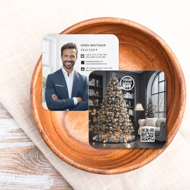 Carte De Visite Carré Noël Executive Real Estate Photo QR Code (Christmas Executive Real Estate Photo QR Code Square Business Card)