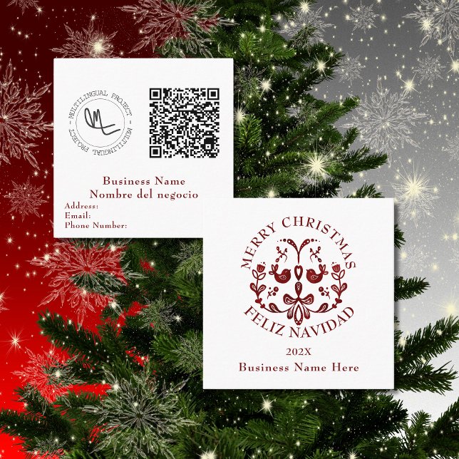 Carte De Visite Carré Noël nordique Bilingue Espagnol Bourgogne (Business Christmas cards Bilingual, Spanish custom text & details, QR code. Multilingual Project)