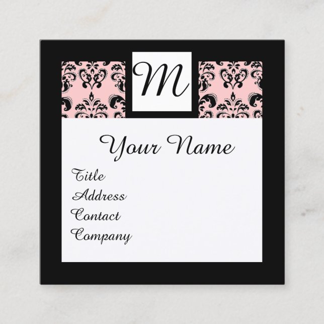 CARTE DE VISITE CARRÉ NOIR BLANC CLAIR ROSE DAMASK CARRÉ MONOGRAM (Devant)