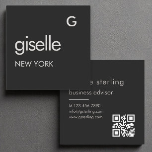 Carte De Visite Carré Noir blanc Monogramme QR Code Minimaliste